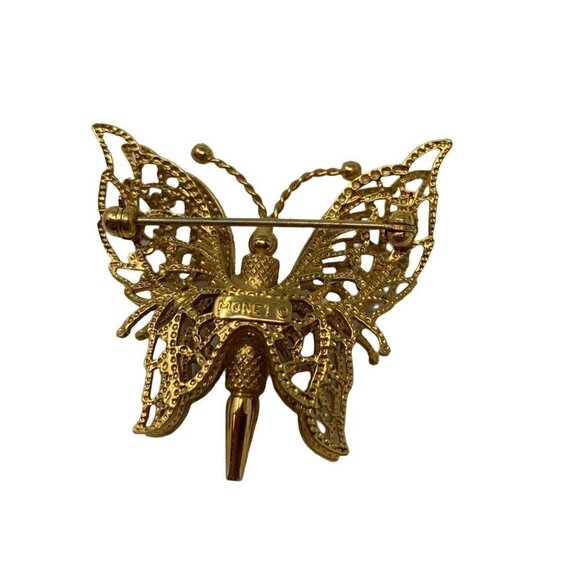 Vintage MONET Butterfly Brooch Gold Tone Double Wings Filigree Pin GrannyCore - Picture 4 of 10